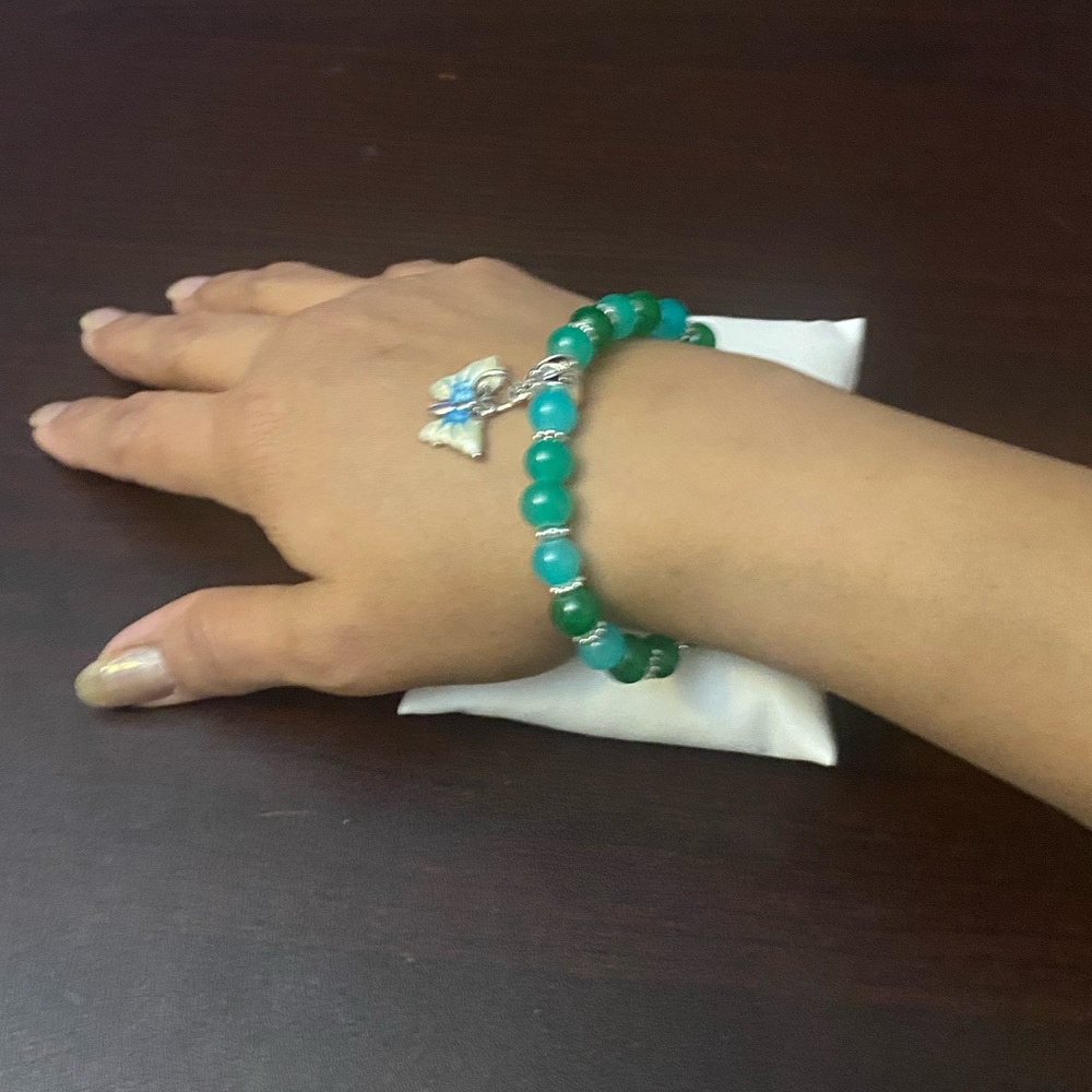 Vibrant Green Beaded Bracelet with Butterfly Charm